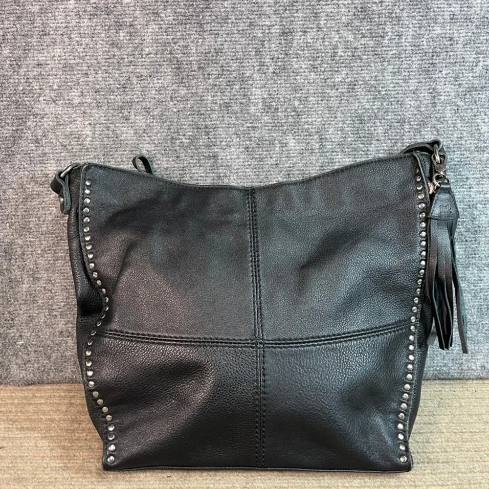 The Sak Black Pebbled Leather Hobo Bag Studded Tassel Shoulder Bag Handbag